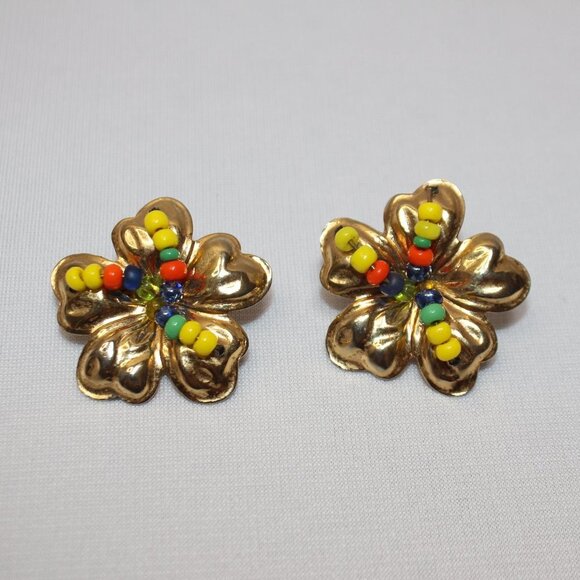 Golden Floral Clip-on Earrings with Primary Color Bead Centers - Picture 4 of 7